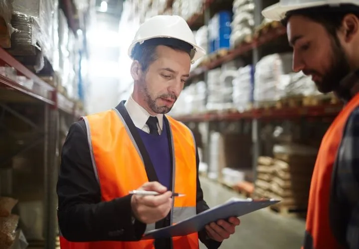 warehouse workers looking at clipboard