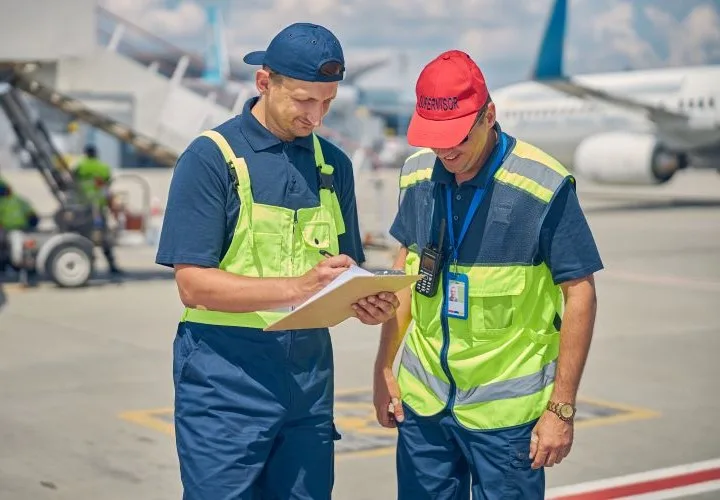 Ramp workers looking at clipboard