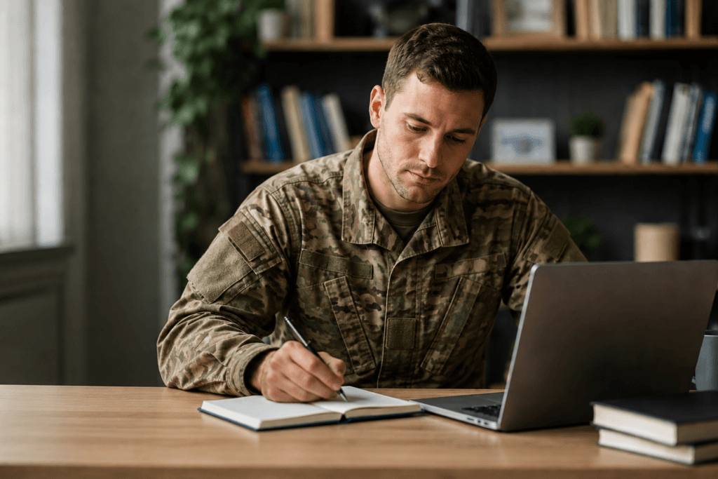 military personnel at computer and writing notes
