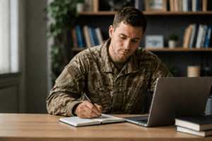 military personnel at computer and writing notes