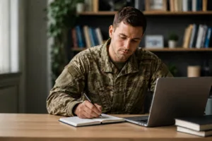 military personnel at computer and writing notes